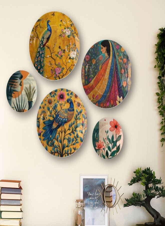 WOODHANG Decorative Ceramic Wall Plates Set of 5|Multicolor Wall Plate with Peacock, Floral & Ethnic Woman Designs|Designer Wall Art Plates for Living Room, Bedroom & Home Decor|Housewarming Gift - Image 1